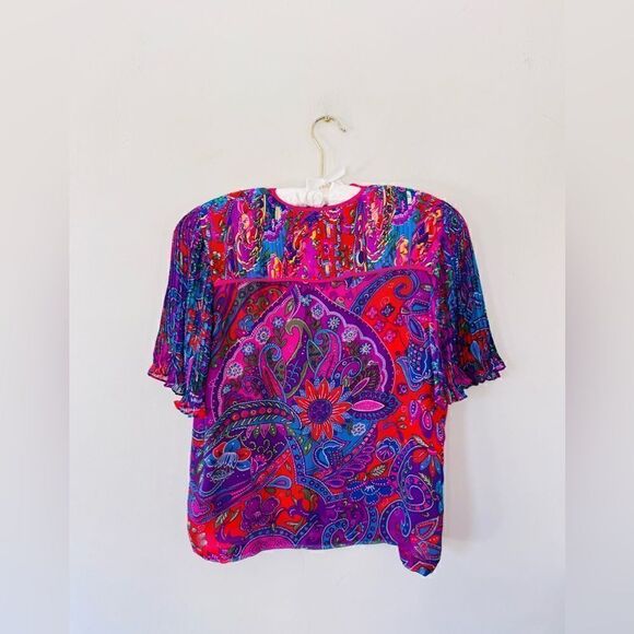 Diane Freis Vtg 1980s Blouse | Paisley Floral Print Pleats M/L - Picture 2 of 7